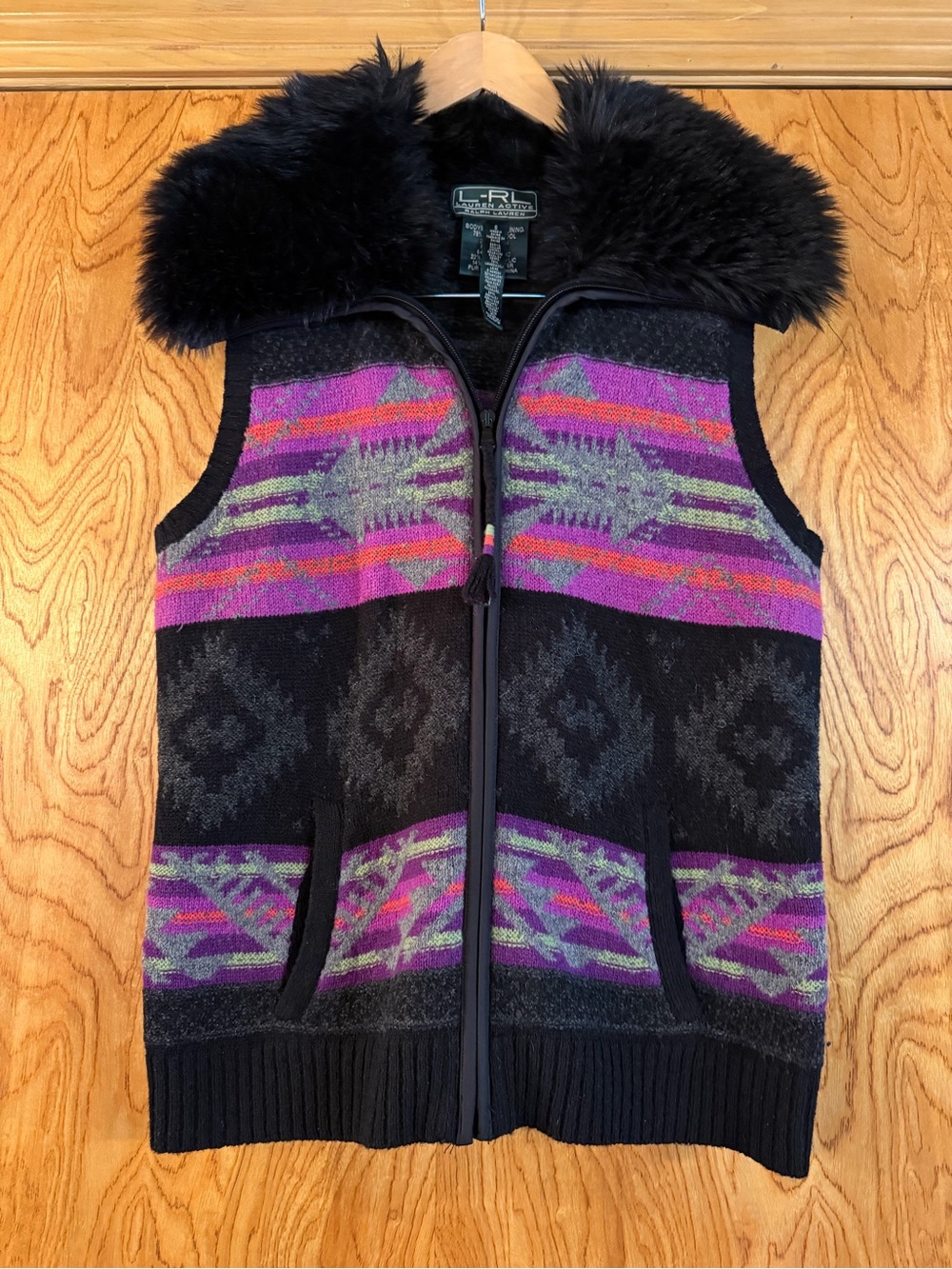 RLX Ralph Lauren Black Sweater Zip Vest with Purple & Pink Aztec Stripes